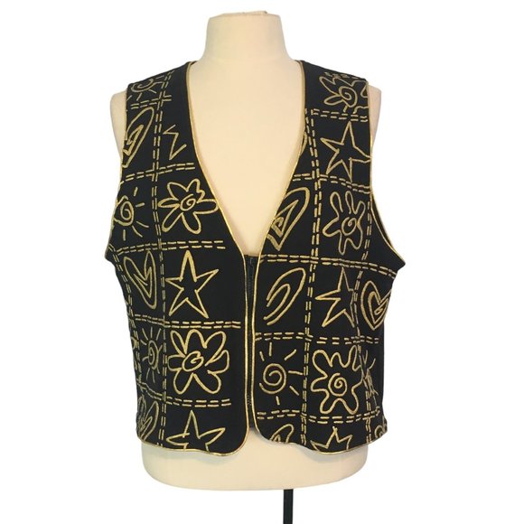 KWBL Los Angeles Vintage Zip Up Black Gold Vest Stars, Sun, Hearts L - Picture 1 of 8